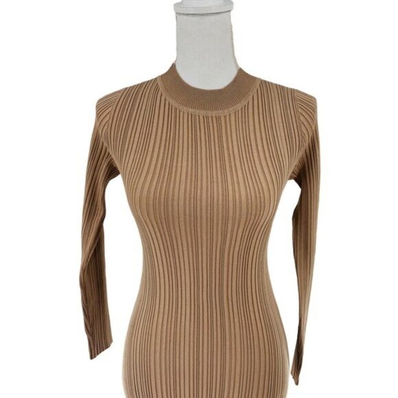 Petal & Pup NEW Milleri Long Sleeve Open Back Ribbed Dress in Camel Tan Size 2 - Picture 5 of 12
